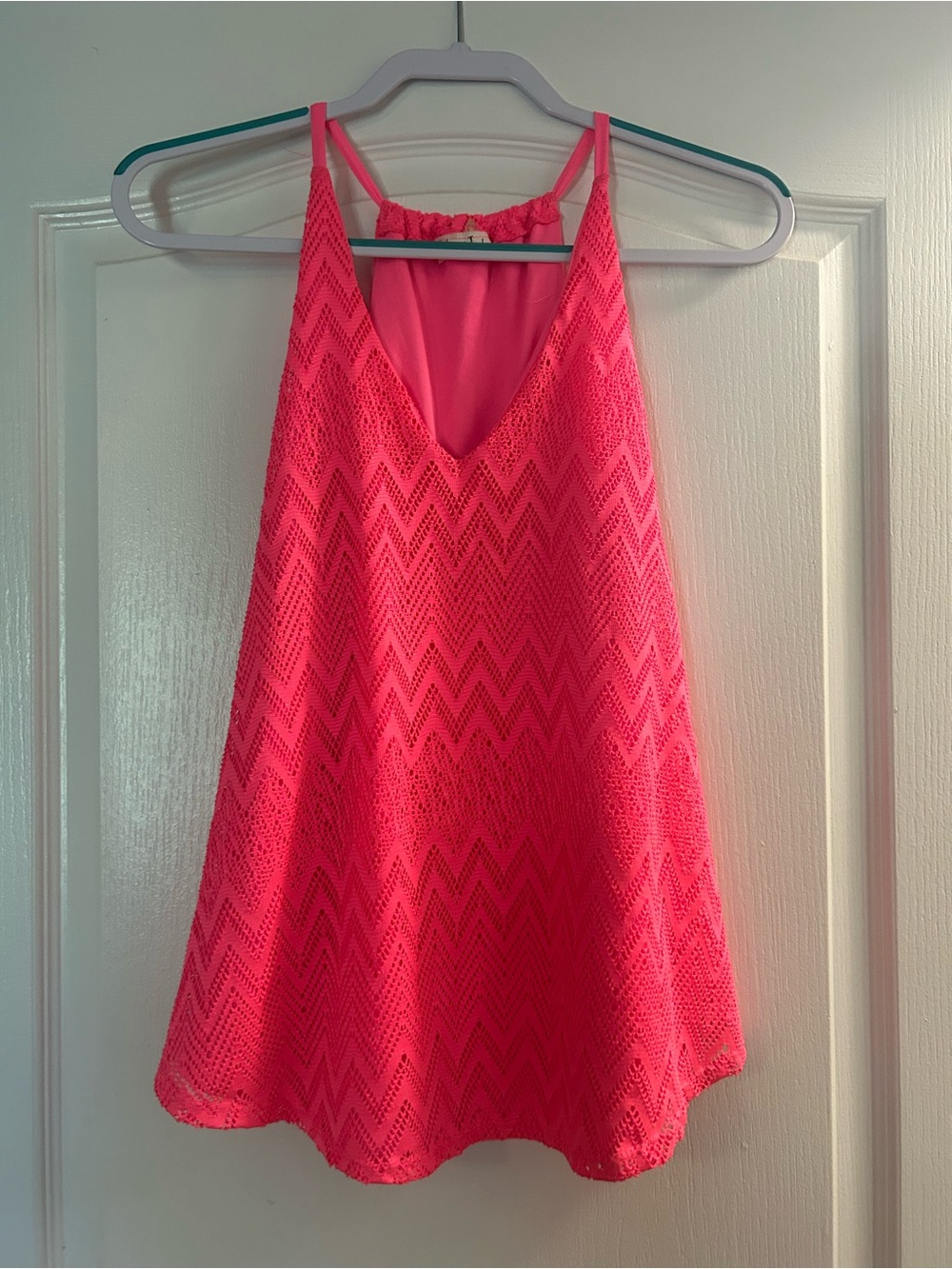love J Bright Pink Crochet Chevron Tank